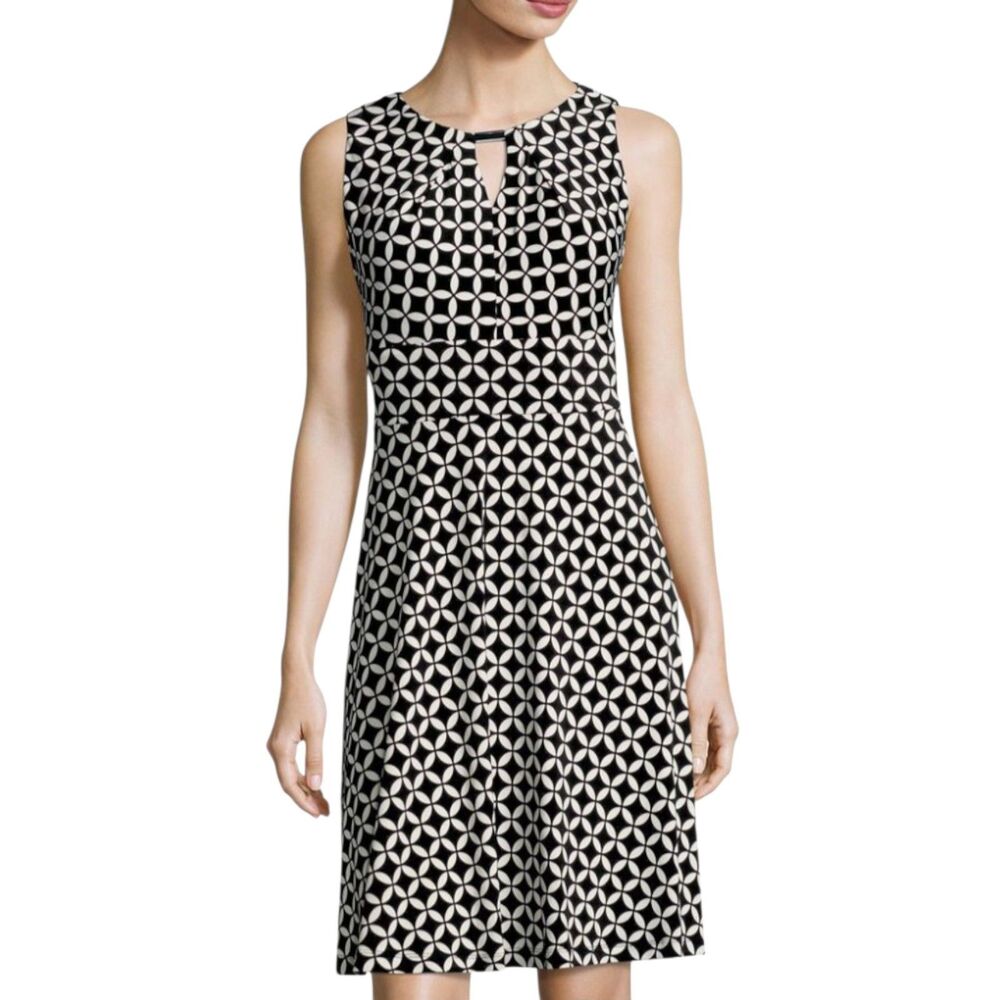 Chetta B Black Geometric Print Sleeveless dress With Keyhole Neckline Size 14